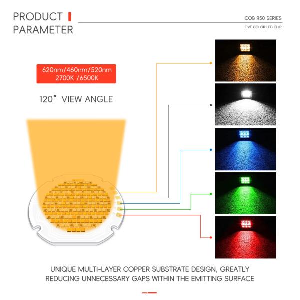R50 SERIES 高性能5色COB LEDチップ 300W/700W ホット ホワイト レッド グリーン ブルー RGB UV IR 赤外線 成長 洪水 光