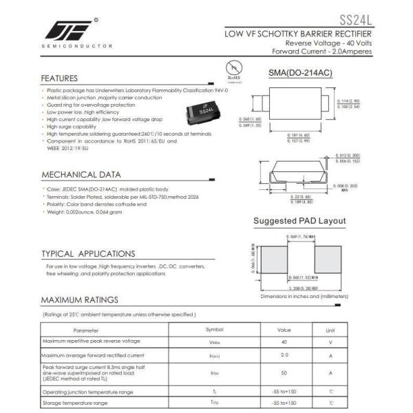 SMD SS24L nbsp 2A 40V Low Forward Schottky Diode in SMA Package with Alloy Structure