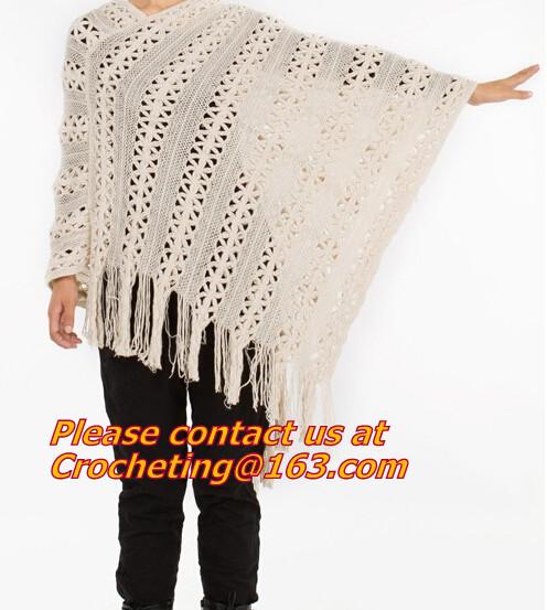Womens Tassel Hollow Long Handmade Crochet Ponchos Wool Grandrelle Yarn Poncho Female