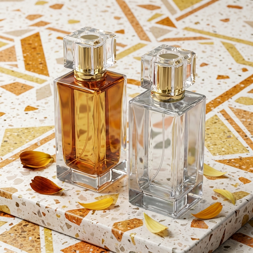 Empty Glass Perfume Bottles 100ml Spray Rectangle Acrylic Cap Crimp Neck