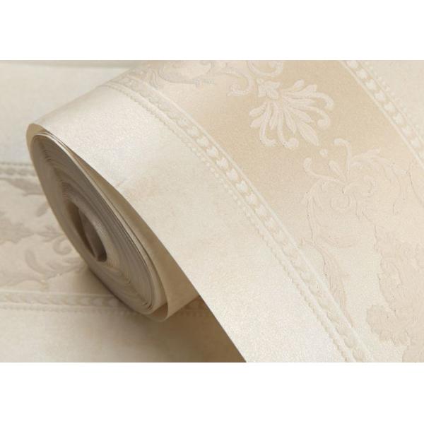 Beige Damask Pattern Non Woven Wallpaper / Embossed Living Room Striped Wallpaper