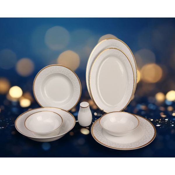 35pcs superwhite porcelain dinning set  with blue embossed flower and gold patterm