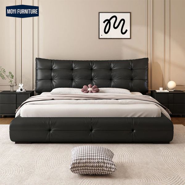 Synthetic Leather Upholstery Wooden Frame Foam Fabric Bed Modern Soft Wooden Bed Frame King Full Size Double Bed Set