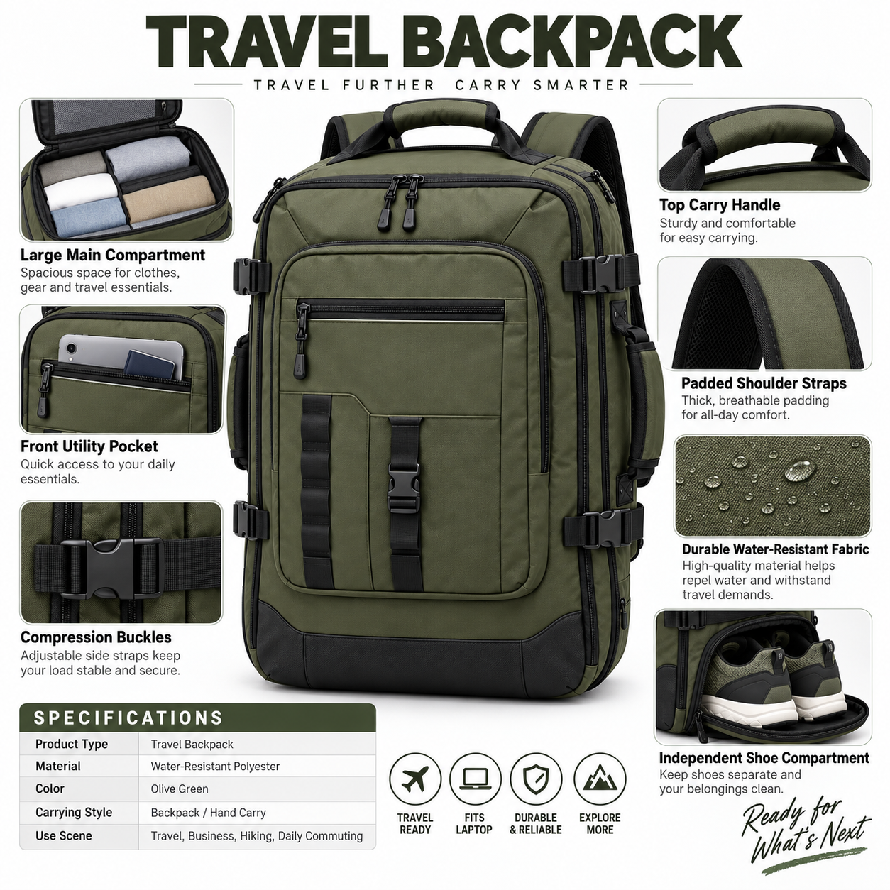 Custom Backpack Manufacturer Convertible Travel Backpack with Shoe Compartment – Large Carry-On Duffel Backpack with Compression Straps, Multi-Pocket Organizer & Padded Shoulder Straps