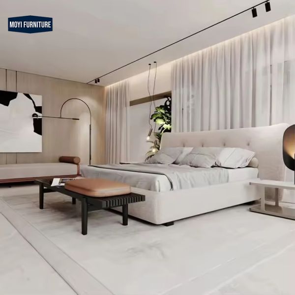 Modular queen size bed room furniture set featuring full upholstered linen frame and modern luxury furniture designs