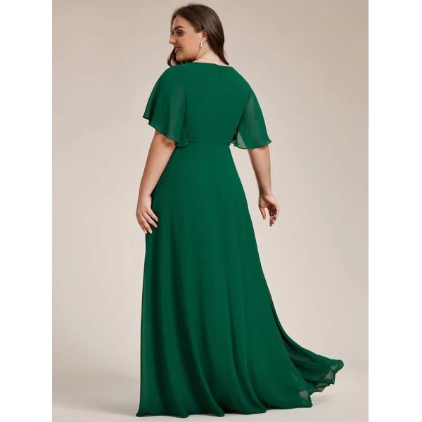 Sexy Empire Applique A-line Short Flutter Sleeves V-neck Invisible Zipper Dark Green Chiffon Evening Dress