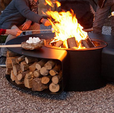 Round Corten Steel Firewood Storage Outdoor Metal Furniture Wood Holder Fire Pit Table With Chairs