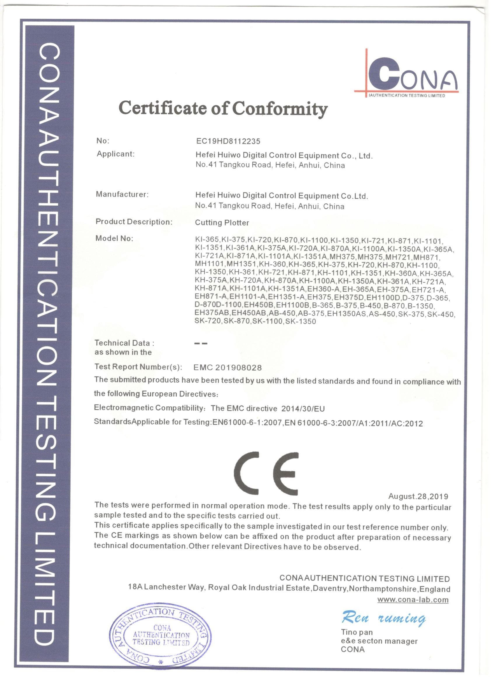 Hefei Huiwo Digital Control Equipment Co., Ltd. Сертификации