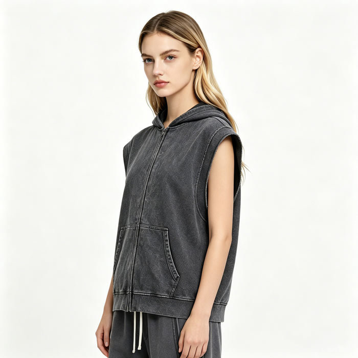 400GSM Hooded Zip Up Vest Vintage Ruin Wash Streetwear Gilet Oversized