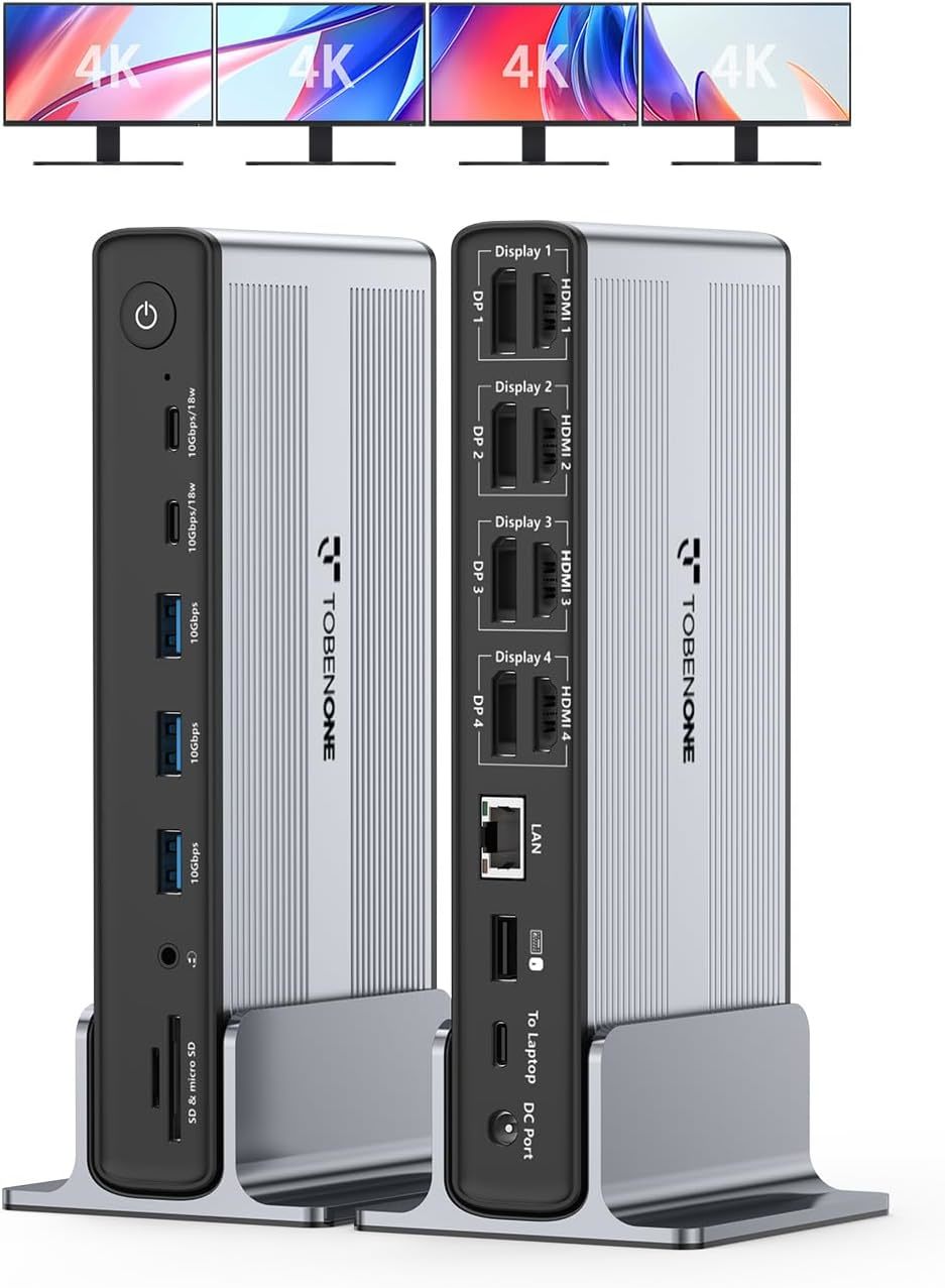 20-in-1 DisplayLink USB C Docking Station Quad 4K@60Hz Monitor Dock 150W Power Charging Gigabit Ethernet Multiport Hub for Windows Mac Laptop