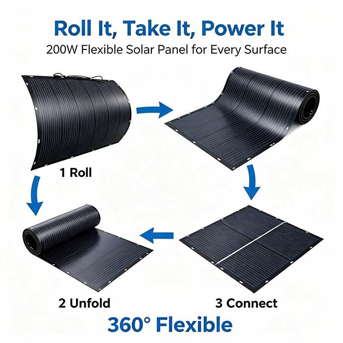 Off‑Grid 200W Flexible Solar Panel, Lightweight Waterproof Solar Charger for RV, Yacht, Camping & Home Backup
