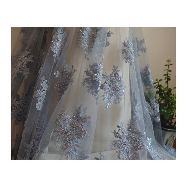 Blue Flower Embroidery Pearl Corded Lace Fabric With Eyelash Edge For Gown