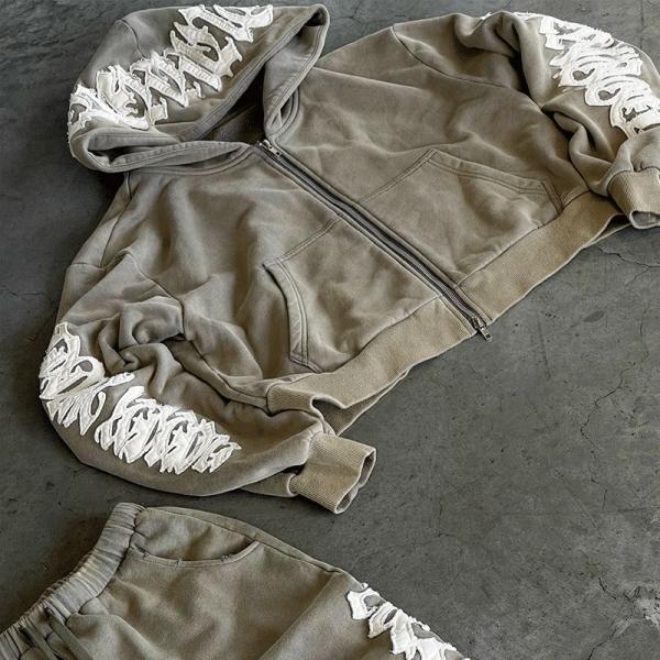 100% coton sur mesure broderies déprimées broderies appliquées fermeture à glissière tapis simple hoodies fitness Jackets pour hommes combinaisons de sport pour hommes