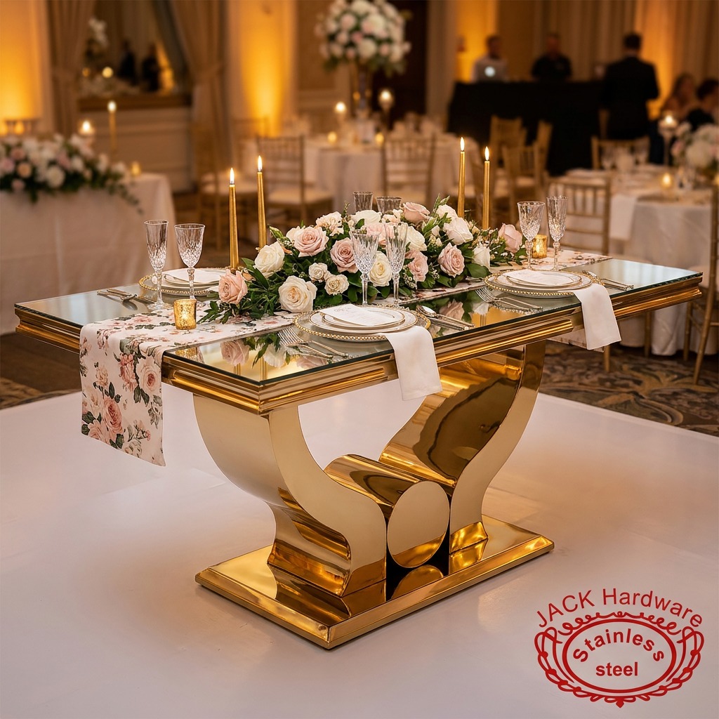 WENDING Gold Curved Horn-Leg Rectangular Dining Table – Glass Top Hotel Banquet Table