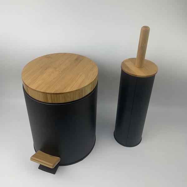 Black 5L Pedal Garbage Can Pedal Bin Toilet Brush Holder With Wooden Lid