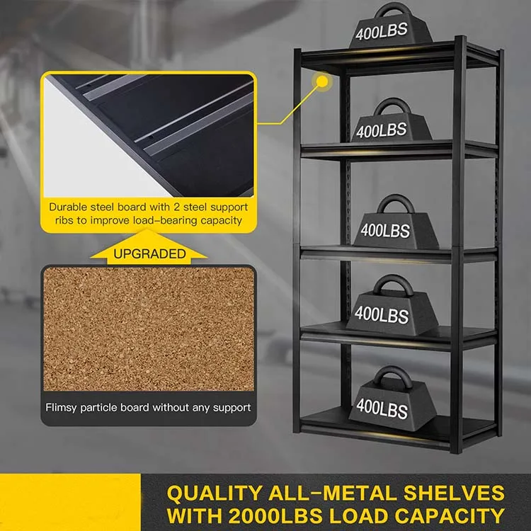Черный металлический гаражный стеллаж 5-х полков Стальные полки Тяжелая кладовая полка