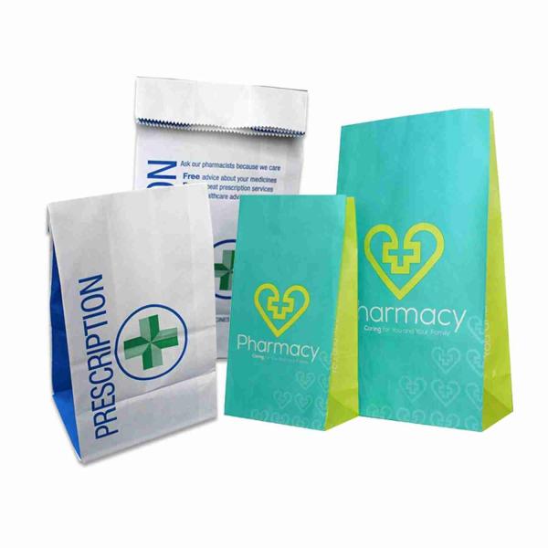 Small Printed Pharmacy Bags Medical Kraft Paper White SOS Bags