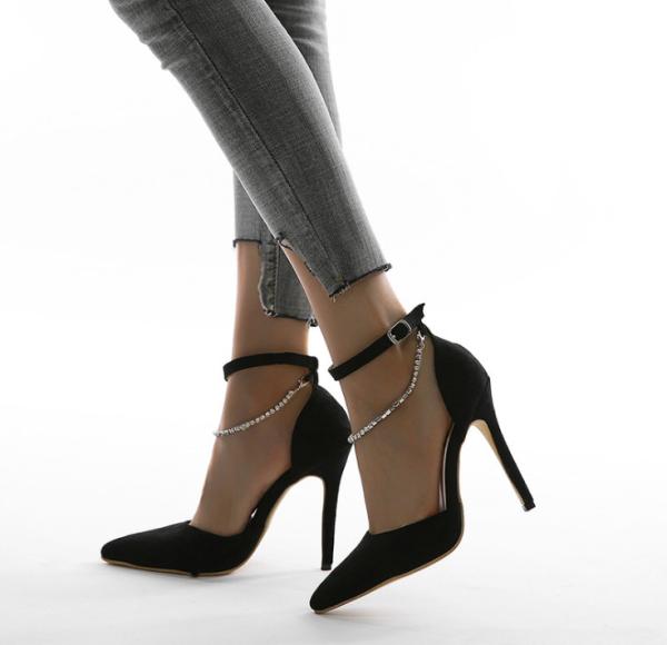 Customized OEM Women Pointed Toe Pumps Crystal Glitter Square Buckle