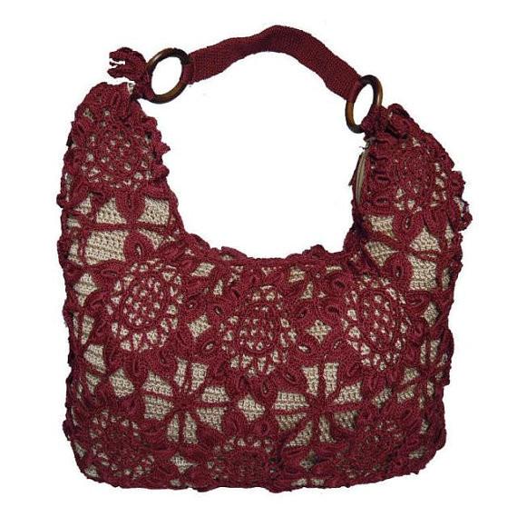 Handmade crochet handbag hobo women wine red bag flower bag