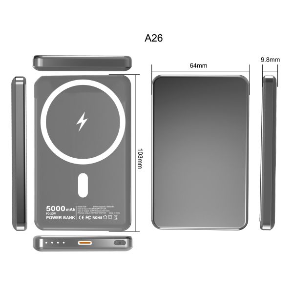 Type C Magnetic Wireless Charging Power Bank Aluminum Alloy Ultra Thin 5000mAh 20W