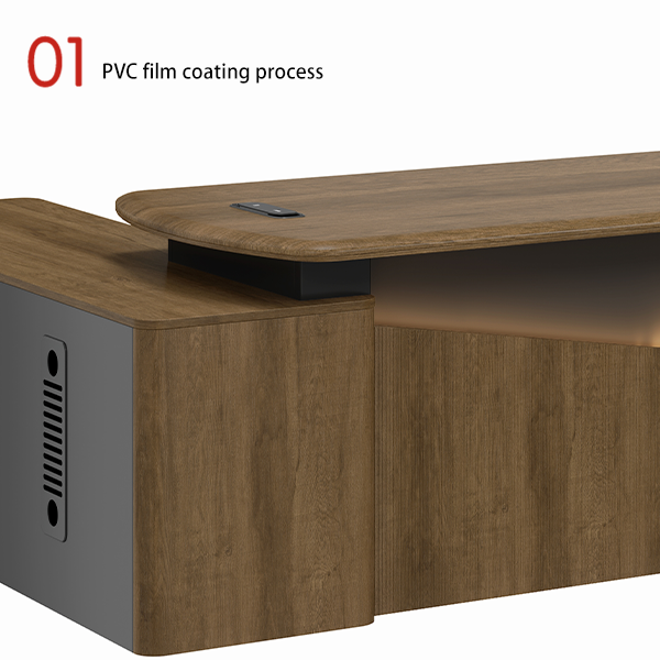 A Dark-colored Office Desk for a CEO's Space Adopting PVC Lamination Technology and Equipped with Light Strips
