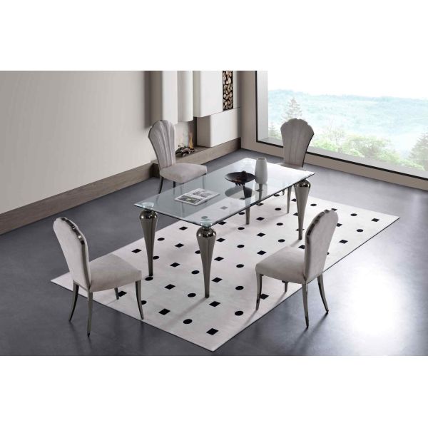 T946 Modern Clear Tempered Glass Rectangular Dining Table with Sculptural Tapered Gunmetal Metal Legs