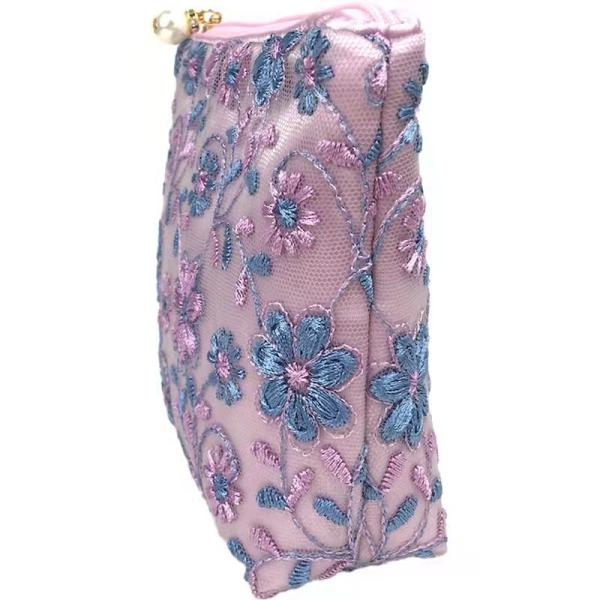 Customized Purple Flower Pattern Large Zipper Makeup Bag Lace Cloth Embroidery