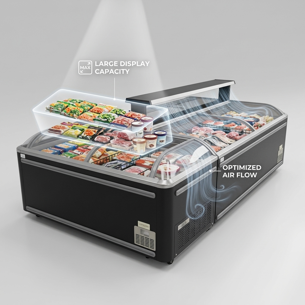 Auto Defrost Open Island Freezer 600L - 1000L Island Display Freezer Direct Cooling