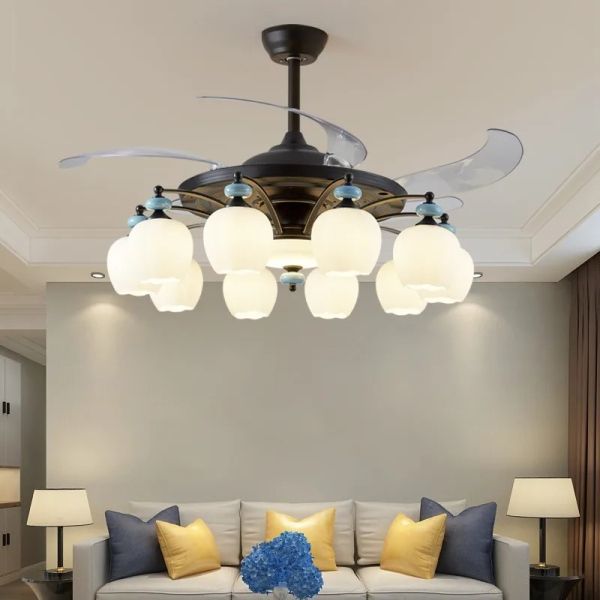 Luxury Ceiling Fan Light Remote LED Electric Fan Light with glass lampshade metal Stealth Fan Light (WH-VLL-28)