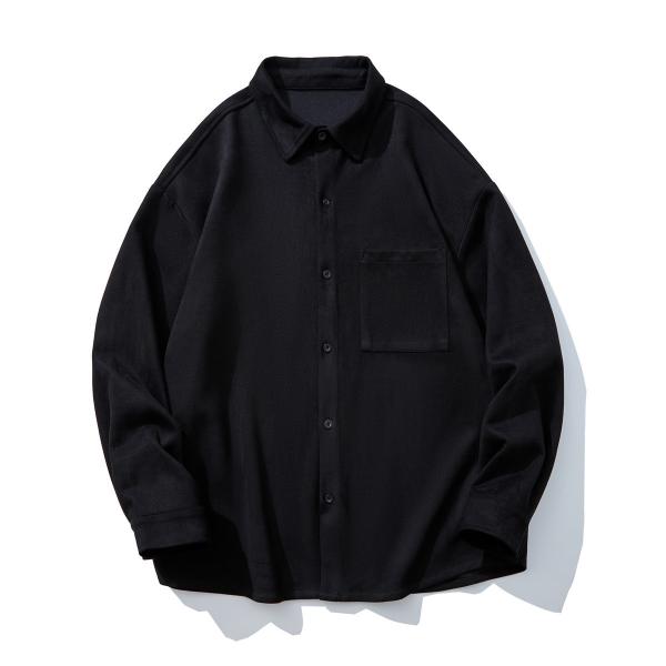 Men's Winter 2023 Suede Solid Color Long Sleeve Shirt with Pockets and Loose Fit Style