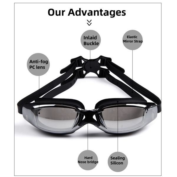 Huizhou Factory's Plated Swimming Goggles for Adults with Anti-fog UV Protection and Silver Lenses