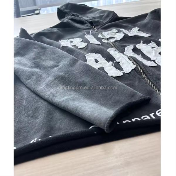 Brown Blue Black Distressed Hoodie Mens Autumn Season Embroidery Boxy Zip Up Hoodie