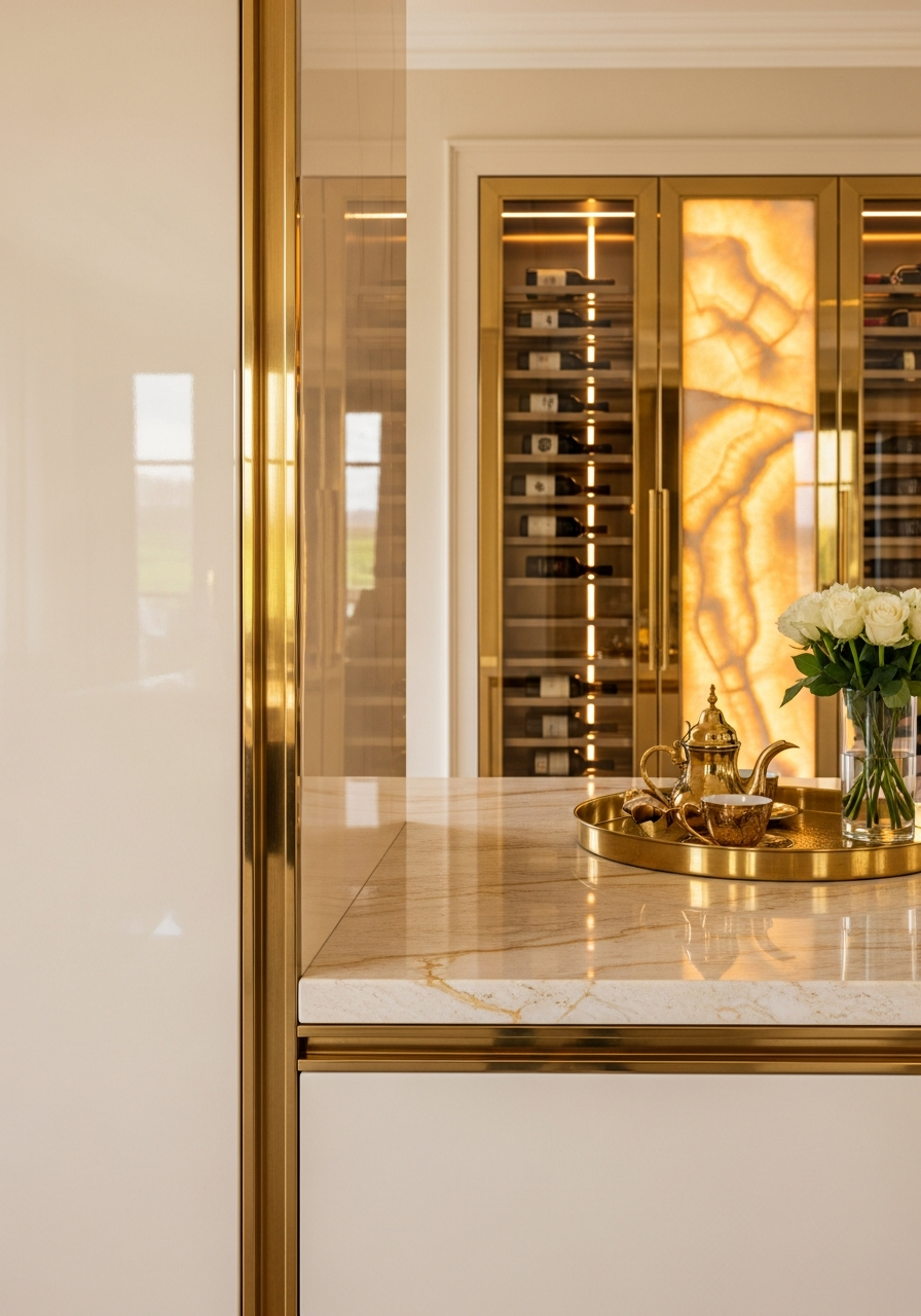 Golden Mirage Wine Vault in 304 Stainless Steel with Honey Onyx Accents