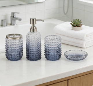 New design ombre blue glass bathroom accessories set round with diamond dot soap dispenser tumbler soap dish