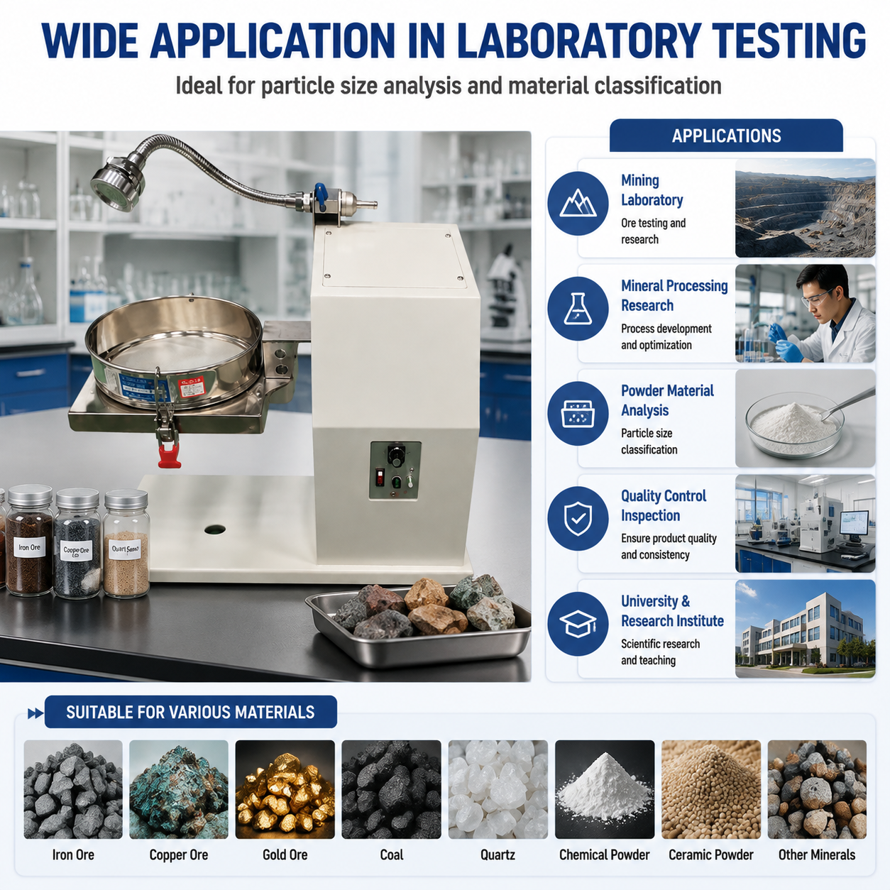 SZ-Φ200 Laboratory Vibrating Sieve Shaker with Dry & Wet Screening 2 Layers and 48 μm Minimum Particle Size