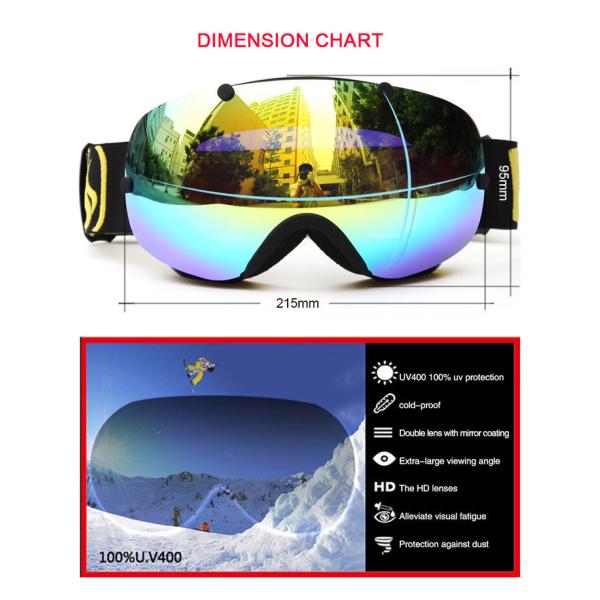 Anti Glare Ski Goggles UV400 Protection With Oversized Double Spherical Lens