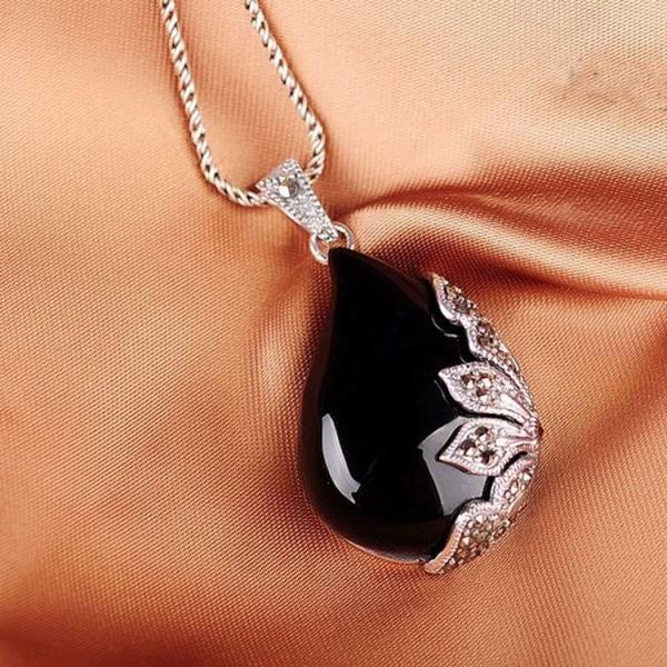 Vintage Jewelry 925 Silver Black Onyx  Marcasite Drop  Pendant Necklace 18 Inches (JA1674BLACK)