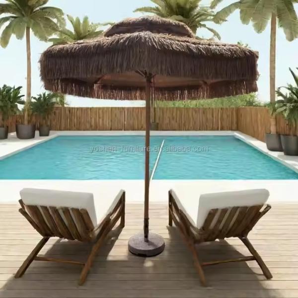 9 ft synthetic thatch beach umbrella 8 ribs plastic Thatched Tiki umbrella sand beach Straw Umbrella with fringe