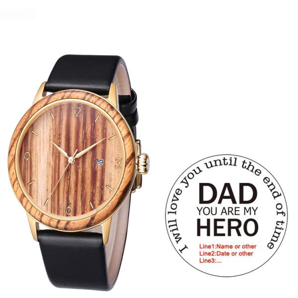 Water Resistant Case PVD Plated Black Stainless Steel Wooden Quartz Watch