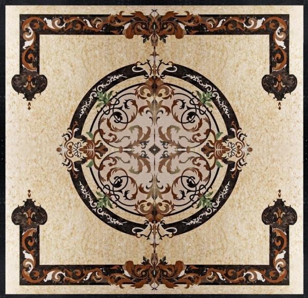 Parquet, natural stone parquet, engineered stone water jet medallion