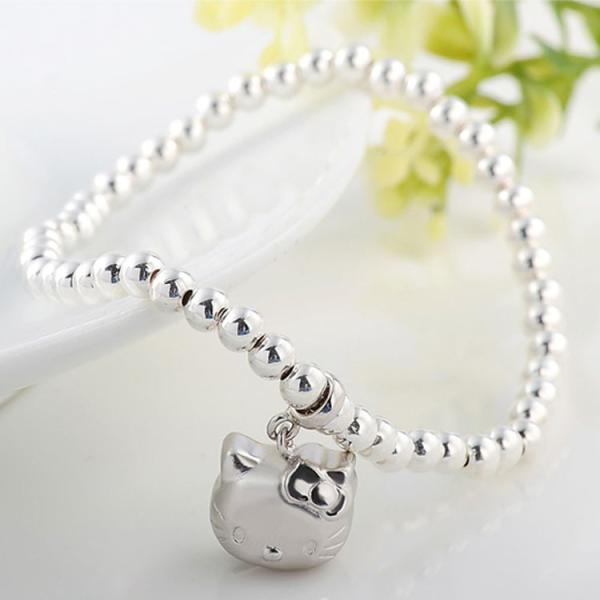 5mm Sterling Silver Beads Bracelet with 925 Silver Cat Charm 6.5 inches (B120703)