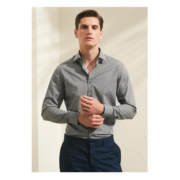 Men's Business Formal Long Sleeve Dress Shirt with Pocket and Slim Fit Design