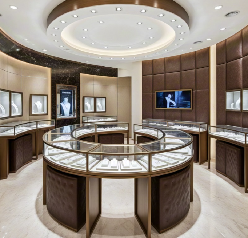 High-End Luxury Jewelry Island Kiosk, Custom Bronze Frame & Tufted Leather Tempered Glass Showcase for Luxury Jewelry Store