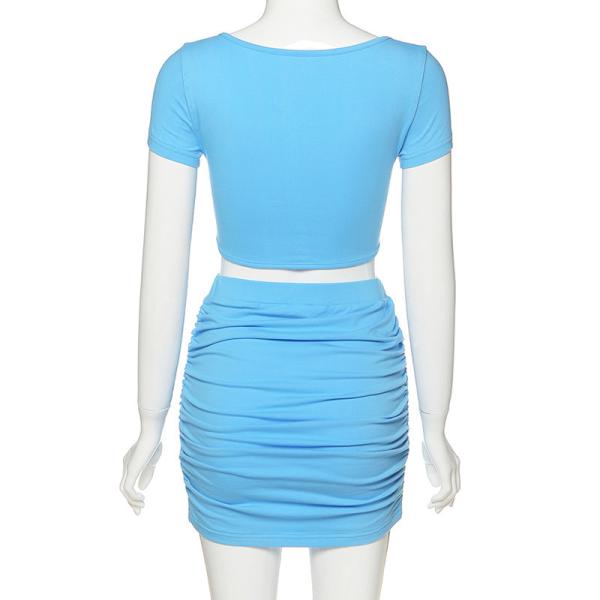 Blue Two Piece Casual Set Short Sleeve V Neck T Shirt High Waist Bodycon Skirt