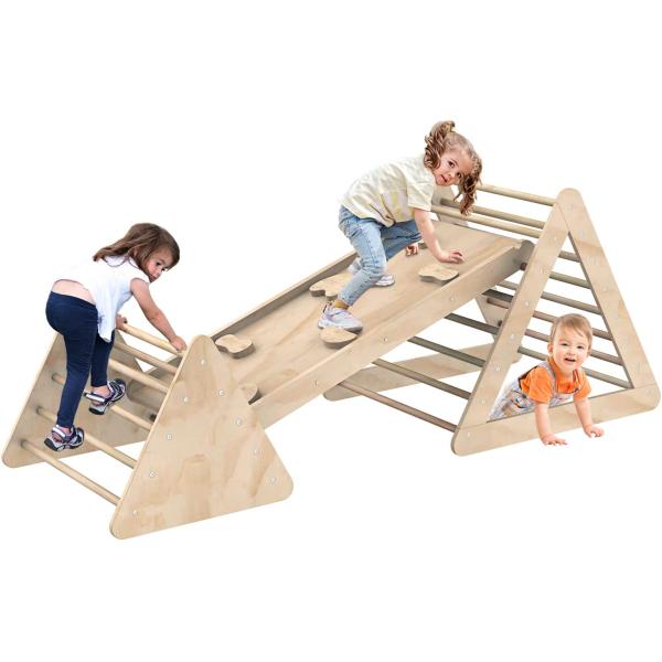 Unisex Wooden Climbing Triangle Ladder With Ramp and Stained Finish for Toddlers