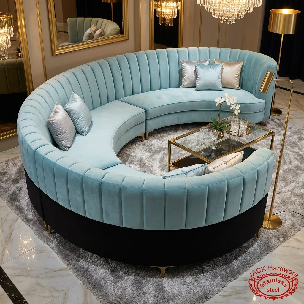 WENDING Ice Blue Velvet Semi-Circular Arc Sectional Sofa – Luxury Hotel Event Banquet Sofa