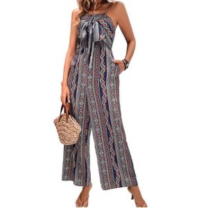 Halter женщин изготовителей одеяния OEM безрукавный связал Backless подпоясанную широкую ногу задыхается Rompers комбинезона