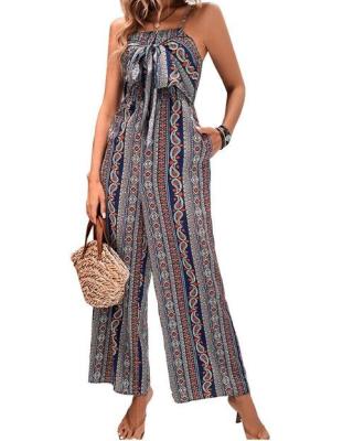 Oem Apparel Manufacturers Women'S Sleeveless Halter Tied Backless Belted Wide Leg Pants Jumpsuit Rompers