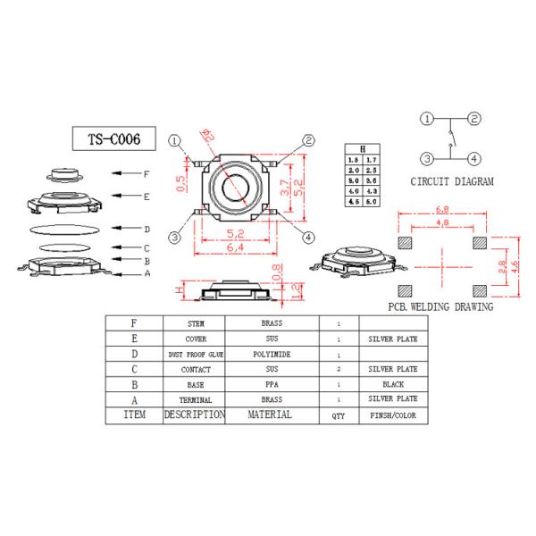 White Plastic Button Low Profile Tactile Switch For High Density Mounting
