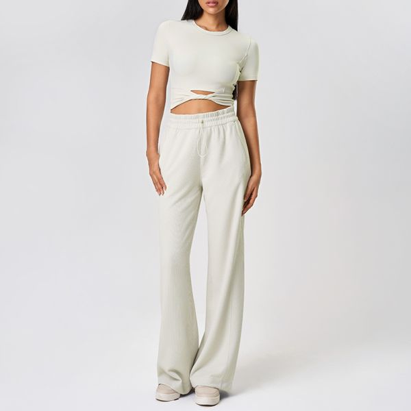 Textured Knit Women's Wide Leg Lounge Pants Olive Green High Waisted with Side Pockets
